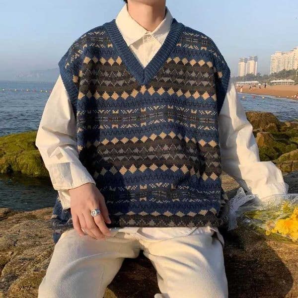 Vintage Warm Sweater Vests Men Couples Vneck Knitted Male Spring Loose Casual High Street Sleeveless Knitwear Jacquard W250915