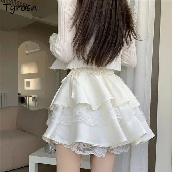 White Mini Skirt Lace Patchwork Sweet Ball Gown Sexy French Style Ruched Ruffled High Waist Summer Layered Romantic Gril 250915BANJIA