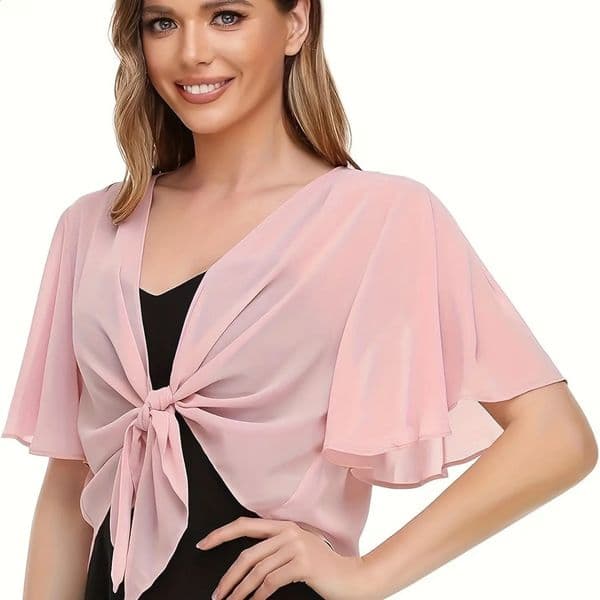 Europe and the United States womens blouse solid color shortsleeved cardigan thin chiffon cape tied 260605