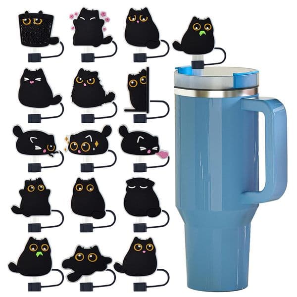 Animal Black Cat Silicone Straw Covers Toppers For Water Glass Bottle 10mm Drinking Dust Cap Straw Tip Cover Cup Accessories