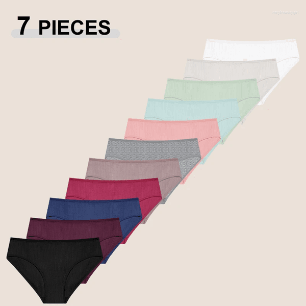 Women's Panties 7Pcs/Set High Quality Cotton Fabric For Women Sexy Solid Color Screw Thread Mid Waist Underwear Seamless Cozy Lingerie