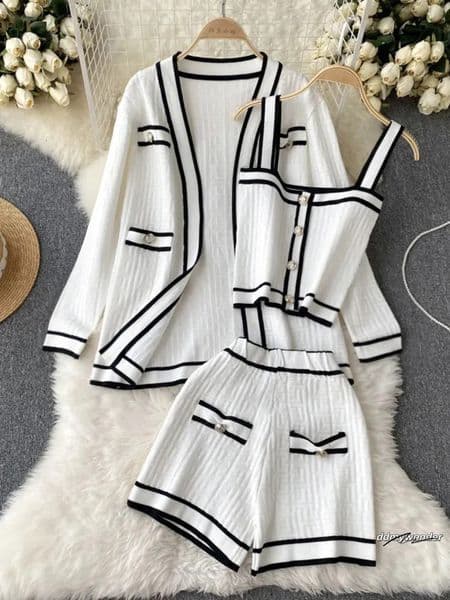 Casual Long Sleeve V Neck Cardigan Jacket Sling Vest Waist Shorts High Quality Chic Button Knitted Vintage 3 Piece Sets 250723 ddmywonder