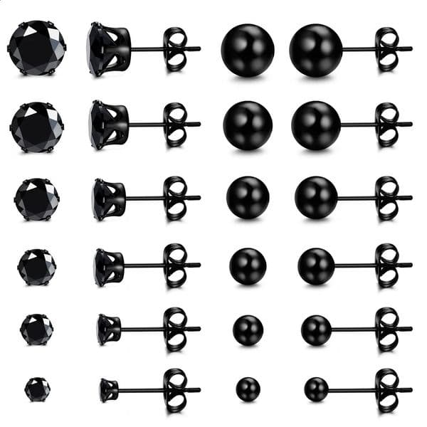 1 Pair Black Stainless Steel Round Cubic Zirconia Ball Stud Earrings Set Punk Piercing Jewelry For Men Women 38mm 250916BJ
