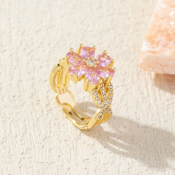 Gold-Toned Flower-Shaped Ring With Pink Gemstones And Rhinestone Detail Delicate Daily & Elegant Jewelry Gift For Her High-Quality And Stylish Accessory