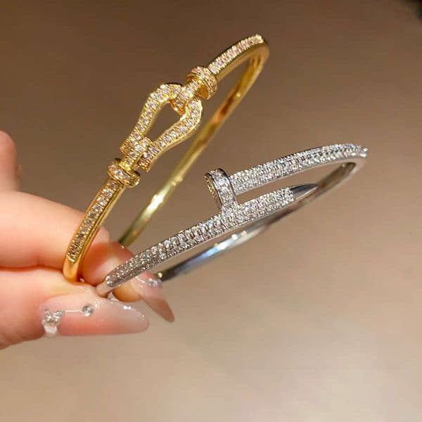 Carter Bracelet Nail Shape Open Design with Paved Cubic Zirconia Luxurious Niche End Fashionable Retro Personalized for Daily Party Gift High Quality Texture