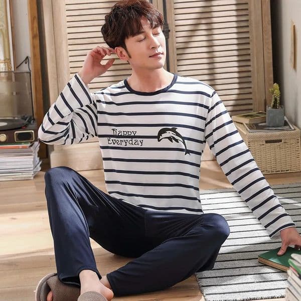 Spring and Autumn LongSleeved Long Pants Mens Pajamas Homewear Loose Casual Striped Nightwear Large Size Sleepwear Loungewear 250917BJ