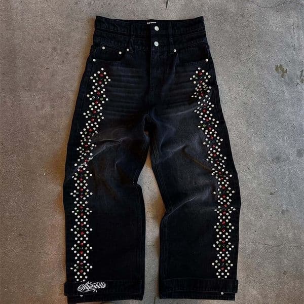 Streetwear Y2k Jeans for Men Embroidered with Rhinestone Letters Baggy Jeans with Holes Retro Double Layer Waistband Black Pants 250916BJ