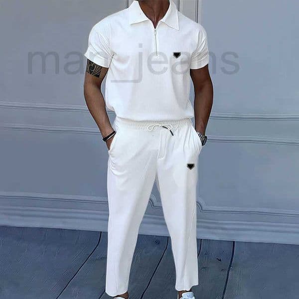 Men's Tracksuits Designer Summer New Plus Size Solid Color Suit with Turn-Down Collar Short Sleeve Zipper Long Pants Set AVH3