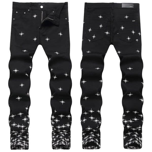 Four Seasons Street Black MidWaist AM Mens Embroidered Elastic Trendy Personality Slim Fit Skinny Jeans Long Pants 250916BJ