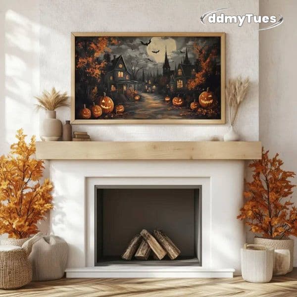 Fall Decor Halloween Canvas Poster Street with Pumpkins Black Cat Witch Ghost Candy Spooky Prints Fall Wall Art Home Decor Gifts ddmytues