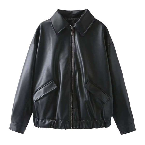 Bsk&Traf Women's Clothing 2025 New Fashion Versatile Imitation Leather Simple Lapel Long Sleeve Loose Jacket