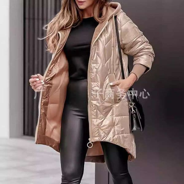 European and American Autumn Winter New Fashion Hooded Loose Long Sleeve Solid Color Zipper Cotton Jacket M Coat for Women