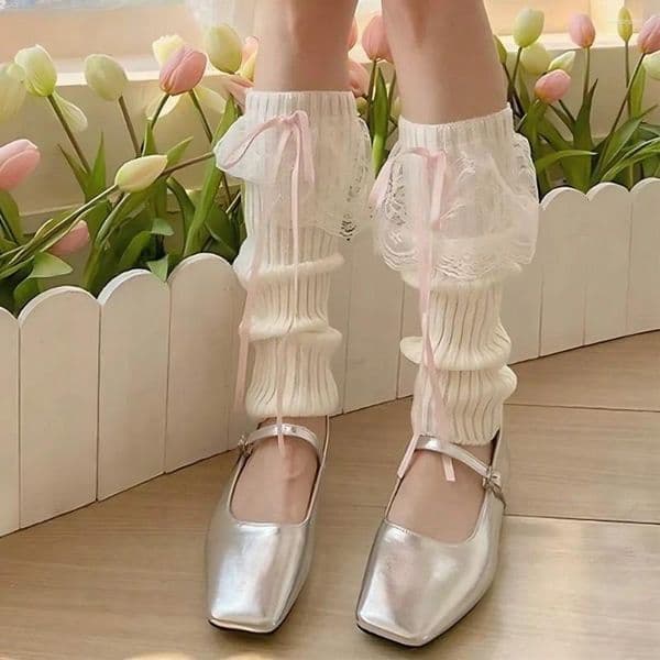 Women Socks Japanese Lolita Leg Warmers Sweet Girl Lace Bowknot Ruffle Knit Calf Warmer Boot For Y2K Harajuku Fashion Streetwear