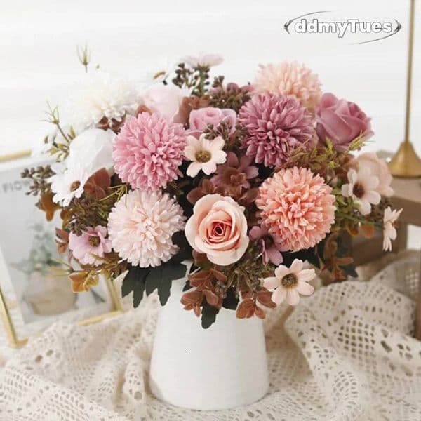 Fall Decor Rose Artificial Dandelion Flowers Bridal Bouquet Fake Floral Garden Wedding Party Living Room Home Table Autumn Christmas Decor ddmybagsvip