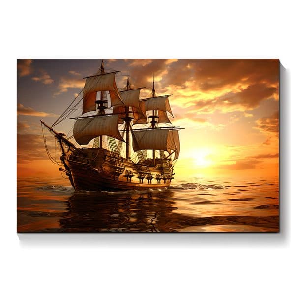 Artwork Pirates Ship Boat Landscape Sunset Glow Ocean Waves Sailing Boat Seascape Canvas Print Poster Painting Home Wall Art Modern Living Room Decor FC015