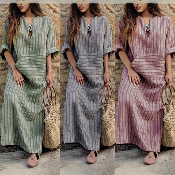 561 Popular European and American new cotton and linen yarn-dyed striped loose dress