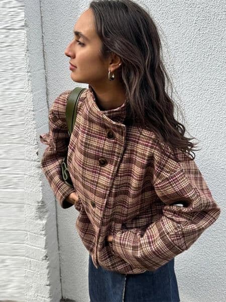 Women's Jackets Stand Neck Plaid Women Elegant Full Sleeve Single Breasted Pockets Coat Female Autumn Chic Casual Street Coats