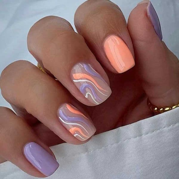 24Pcs Press On Nails Simple French Colorful Wavy Abstract Line Fake Nails Full Cover Nail Art Tips Coffin Square Head False Nail W250919