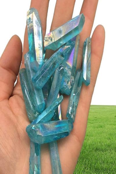 6pcs Blue Titanium Aura Angel Wand Points Natural Raw Crystal Rough Healing Topaz Lemurian Seed Prism Cluster Charms Stone5821506