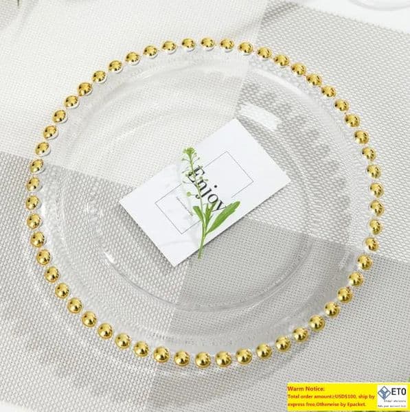 European Style Creative Transparent Glass Plate Round Gold Rim Bead Cushion Plates Fruit Western Dinner Set Dishes Gift LL