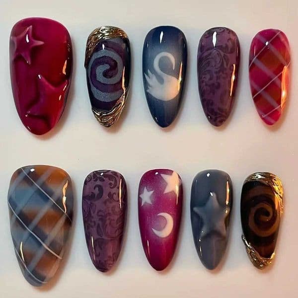 24PCS Sweet Cool Almond False Nail Set Dark Star Grid Pattern French Fake Nails for Spice Girls Wearable Press on Nails Finished W250919