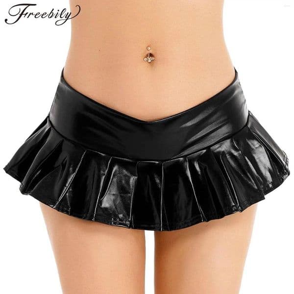 Skirts Women Metallic Shiny Pleated Miniskirt Fashion Solid Color Low Rise Micro Mini Nightclub Pole Dancing Performance Costume