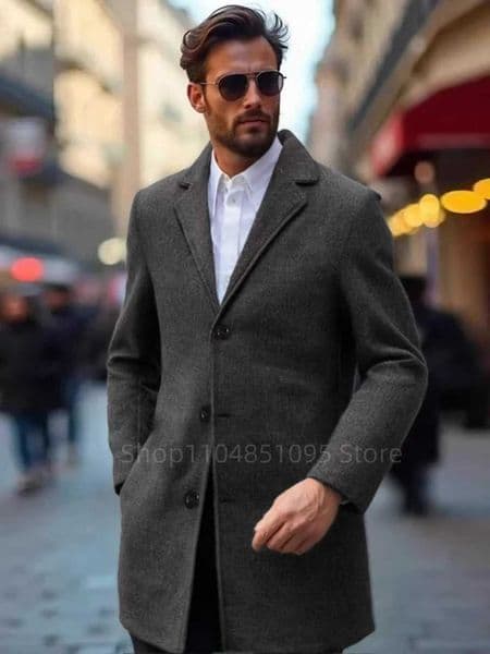 Fashion Dark Gray Men Woolen Coat Casual Notch Lapel Singelbreasted Coat Woolen Coat Men Long Sleeve Cardigan Overcoat Tops X250919