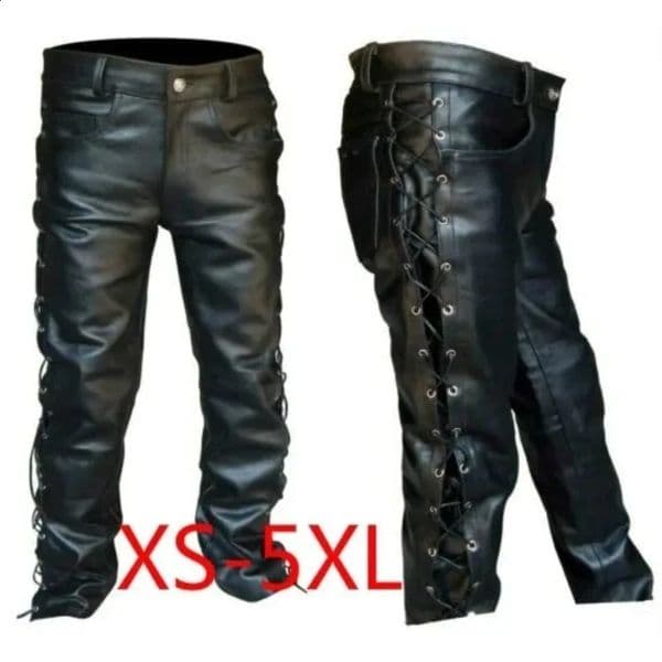 Mens Black Thick Leather Side Laces Up Jeans Style Long Pant Motorcycle Trousers Pants 250918BJ