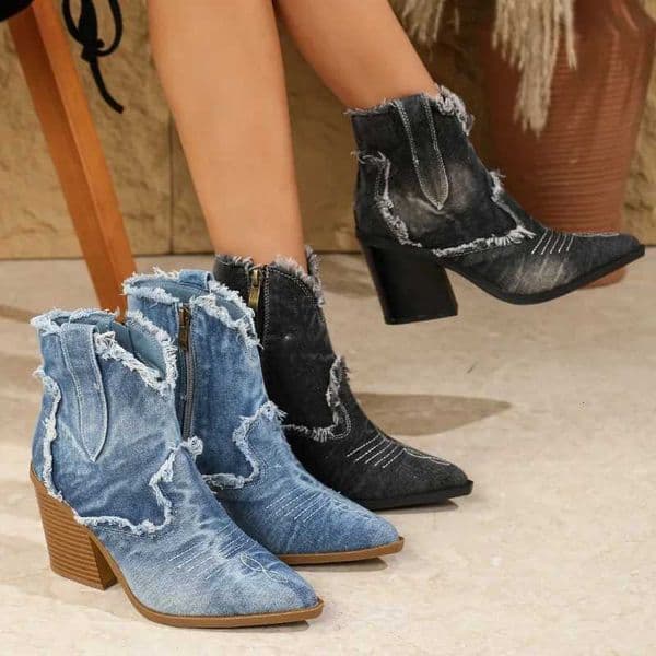 Denim Short Boots Female Shoes Fashion Side Zipper Pointed Toe Chunk Heels Booties Mujer Western Cowboy Boots Botas De Mujer W250919