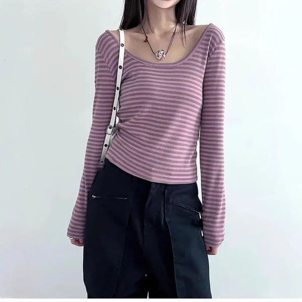 CrossBorder Knitted Top Striped TShirt Versatile Long Sleeve n Sensibility Autumn Slimming UShaped Neck 250919