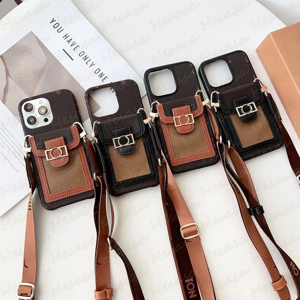 Luxury Phone Case for iPhone 17 Air 16 15 14 Plus 13 12 Pro Max 11 Top Designer Print Card Pocket Shoulder Strap Anti-drop Samsung S26 S25 S24 S23 S22 Ultra Cover Cross Body