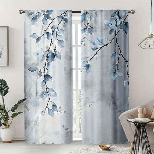 Curtain 2pc Fresh Blue Leaf Print Curtains Polyester Fabric Machine Washable Suitable For Bedroom And Living Room Decoration