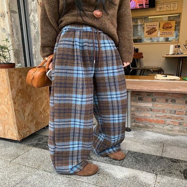 Retro Blue Plaid Drawstring Laceup Wide Leg Pant Autumn Winter High Waist Loose Pleated Straight Trousers Streetwear Casual Y2k 250919