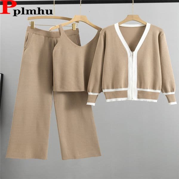 Elegant Knitted 3 Piece Sets Women Vneck Vest Zipper Knitwears Long Sleeve Cardigan Tops Suits Casual Wide Leg Pants Outfit 250919