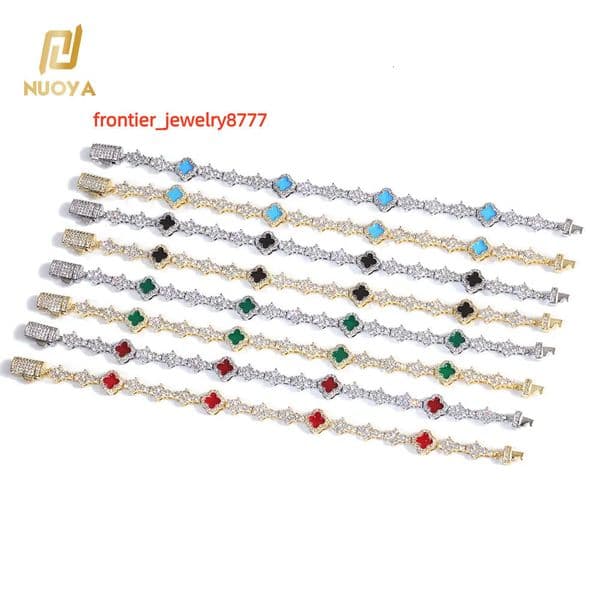 NUOYA Custom Colorful FourLeaf Clover Tennis Chain Bracelet Iced Out Moissanite Flower Shape Tennis Chain Hip Hop Jewelry for Women