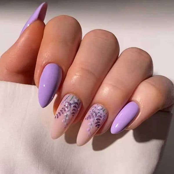 24Pcs Purple Flower Stiletto Round Head Press on Nails False Nails Almond Fake Nails French Wearable Full Cover Nail Tips W250919