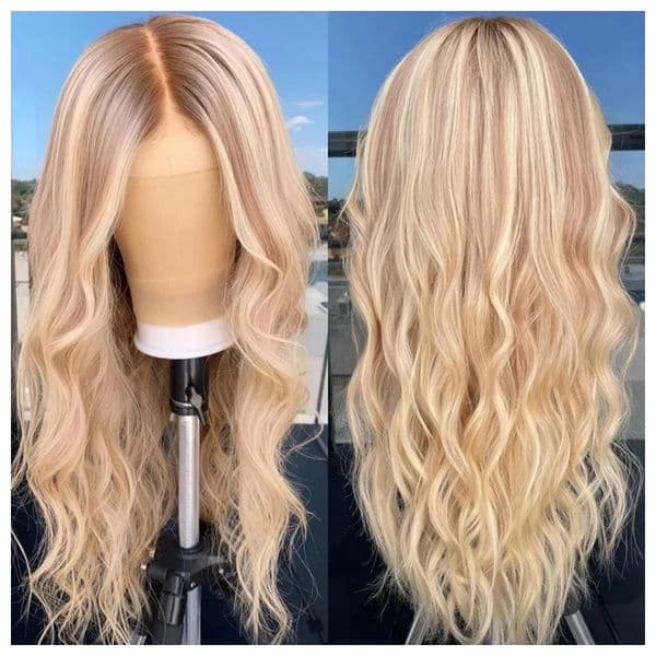 Brown Wig with Ash Blonde Highlights Synthetic Hair Long Wavy Body Wave Streaks Dark Root Money Piece 13X4 Lace Front Wigs for Women Ready To Wear
