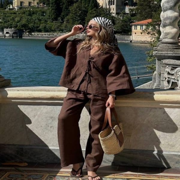 Brown Cotton Linen Loose Pants Set Womens Oversized V Neck Buttons Shirts Suit Lady Summer Casual Daily Street Outfits 250918BJ