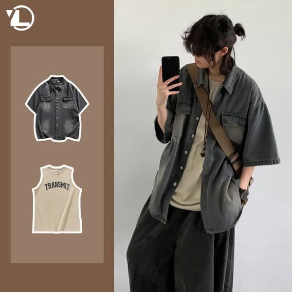 College Retro Mens Two Piece Set Hip Hop Washed Tooling Denim ShirtLetter Printed Sleeveless Top Set Street Harajuku Suit Y2K 250916BANJIA