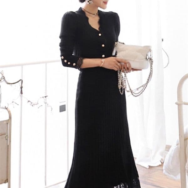 H Han Queen Women Winter OL Work 2 Pieces Suit Knitted top Stitching Lace Long Skirt Simple Slim Casual Occupation Sweater Set 250922