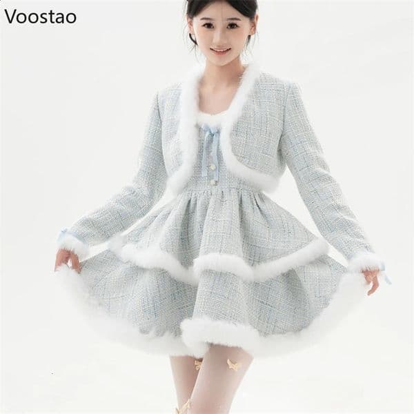Korean Tweed Plaid Dress Sets Women Elegant Sweet Plush Patchwork Short Woolen Jackets Mini Dresses Kawaii Lolita 2 Piece Set 240823