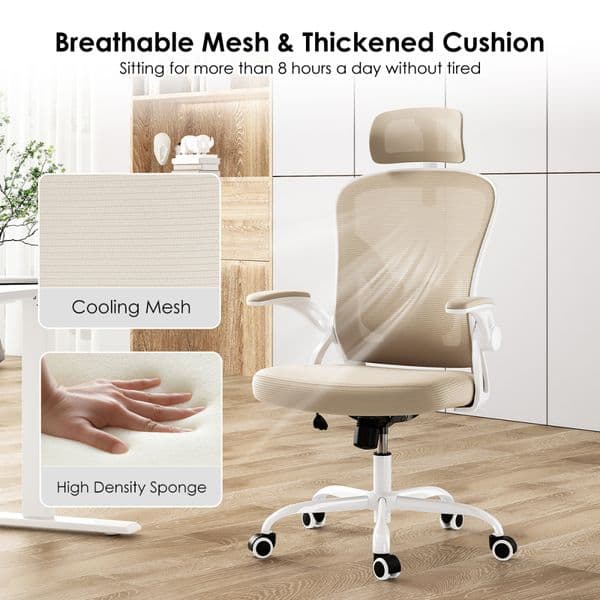 Ergonomic Office Chair Home Office Desk Chair with Headrest High Back Computer Chair with Armrests Adjustable Lumbar Support for Home Office Study Room White Khaki
