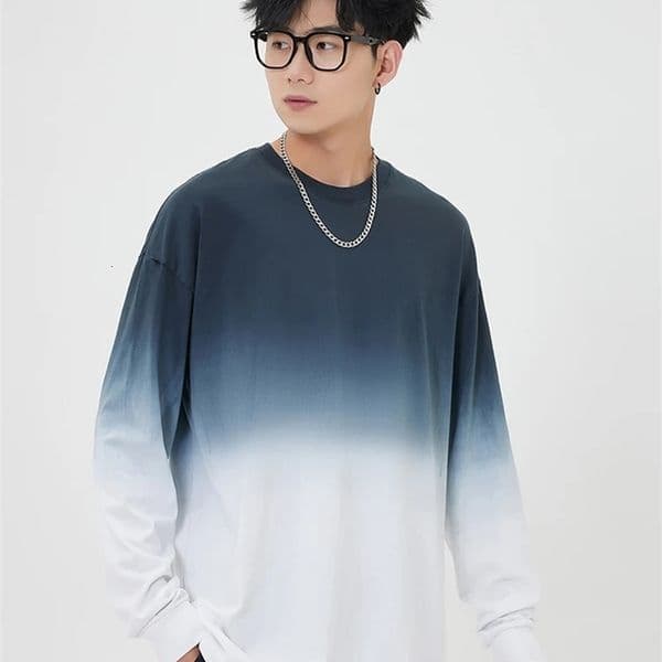 2024 Autumn Mens Long Sleeve T-shirts Korean Fashion Oversized Tee 250G Heavy Cotton Loose Basic Tops Gradient Color Tshirt 241224