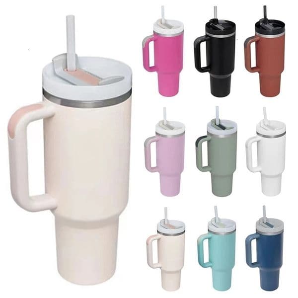 40oz Thermal Coffee Cup with Handle Straw Lid Portable Car Stainless Steel Insulation Water Bottle Large Capacity Travel Mug 240425bj