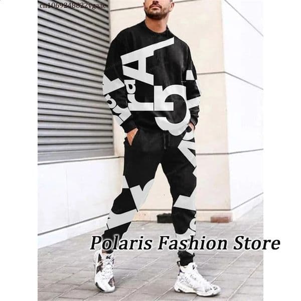Autumn black mens 2-piece set long sleeved T-shirt mens clothing sports pants jogging set oversized clothing 240925