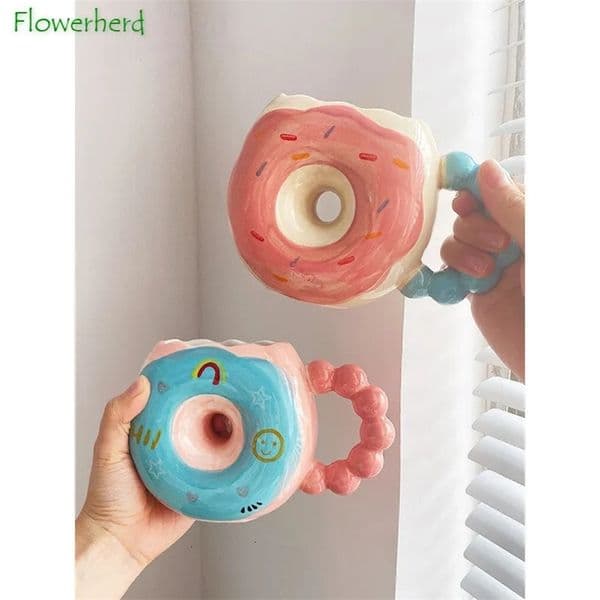 Donut Shape Mug Ceramic Couple Coffee Cup Household Cute Tea Cup Childrens Porcelain Water Cups Cute Girls Mugs Coffee Cups 240626