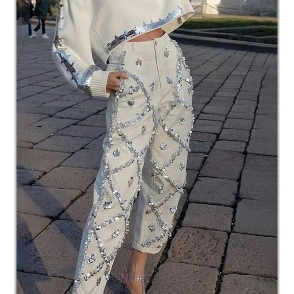 Sequin Decor Straight Leg Denim Jeans for Women High Wait Elegant Casual Pockets Vintage Diamond Denim Pencil Pants Trousers 250206
