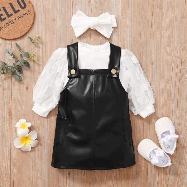 Clothing Sets 15Y Girls Fashion Clothing Sets Children Kids Baby Girls Mesh Puff Sleeve TopsLeather SkirtHeadband Casual Clothes Outfits 220909