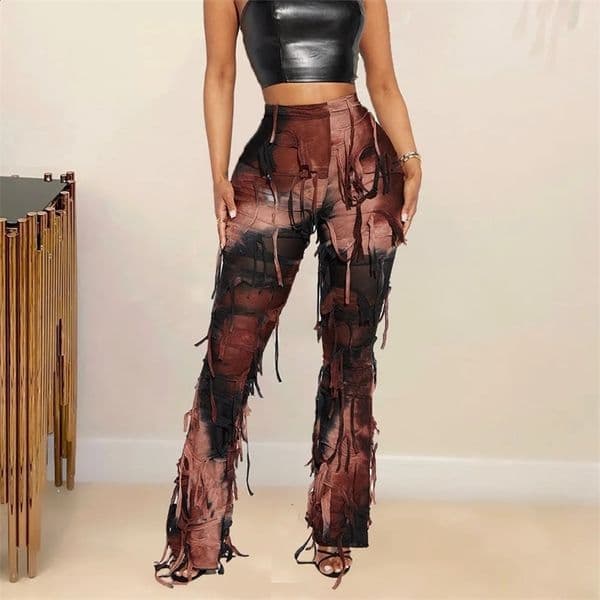 Tie Dye Fringe Pant Cargo Trousers Y2K Streetwear Fashion Women Summer Clothes Pencil Casual Tassel Sweat Pants Joggers 240820