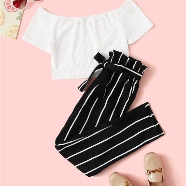 Girls Rib-knit Crop Tee and Paperbag Waist Striped Pants Set SHE